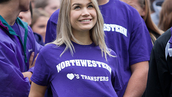 Student wearing a Northwestern loves Transfers t-shirt