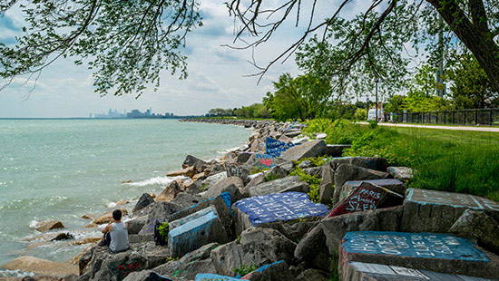 View of the painted rocks by the lake