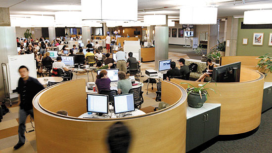 Students walking around University Library 