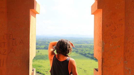 Student looks through a window at the countryside.