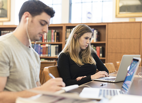 male and female students studying at the library