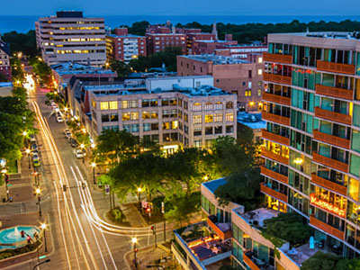 Downtown Evanston at dusk