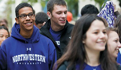 smiling students walking on campus