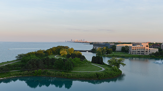 Picture of Northwestern at dusk by the lake